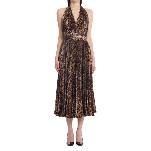 NWT Dolce & Gabbana Leopard Print Halter Neck Pleated Midi Dress 44 L - Picture 1 of 7